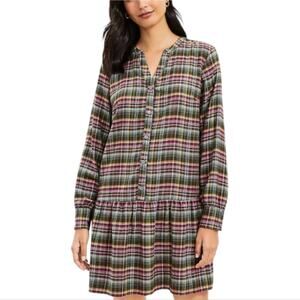 LOFT Purple, Green, and White Plaid Flounce Babydoll Dress‎ Size Small New